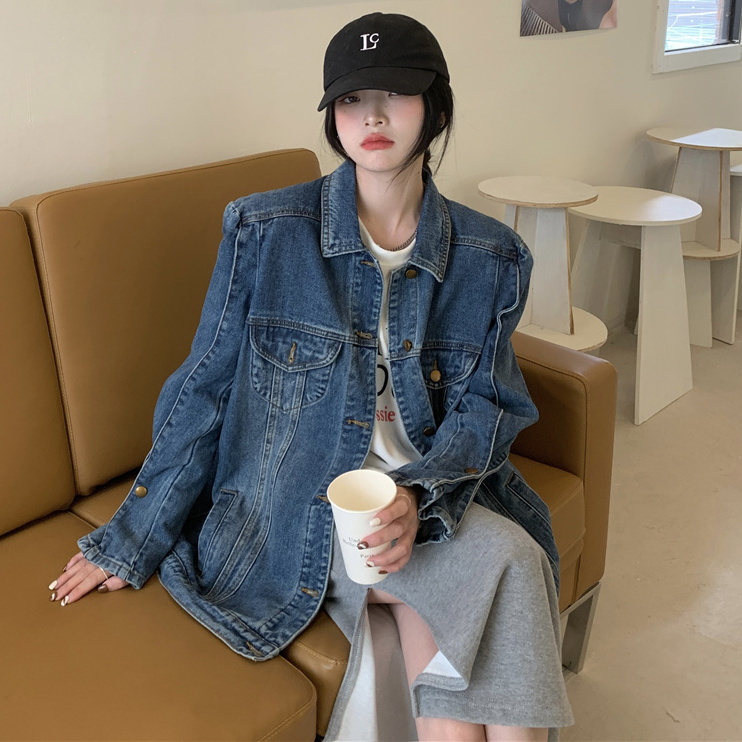 Design sense mid-length front shoulder denim jacket women's autumn and winter high-end sense large size retro right-angle shoulder jacket top clothes