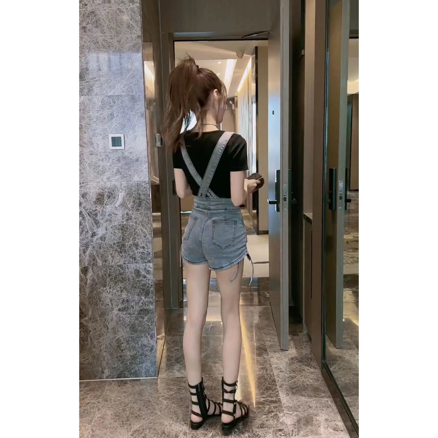 Detachable design straps denim shorts women's  summer new fashion high waist drawstring elastic wide leg pants