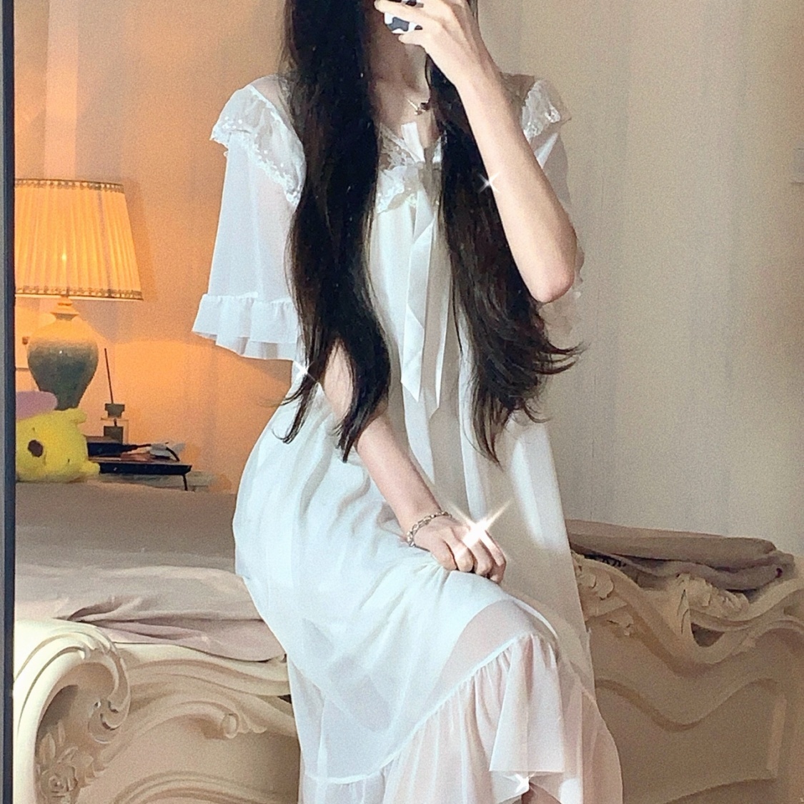 Large size fat sister princess style mesh pajamas women's summer short-sleeved nightdress fat girl home service summer thin section