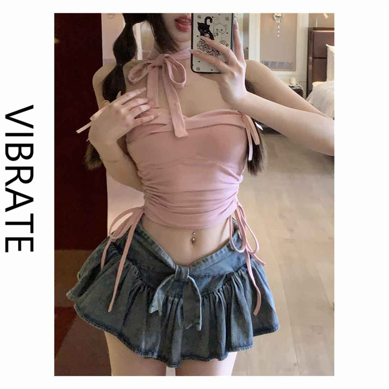 VIBRATE草莓奶芙辣妹風設計感抽繩綁帶抹胸上衣女2023早春新款
