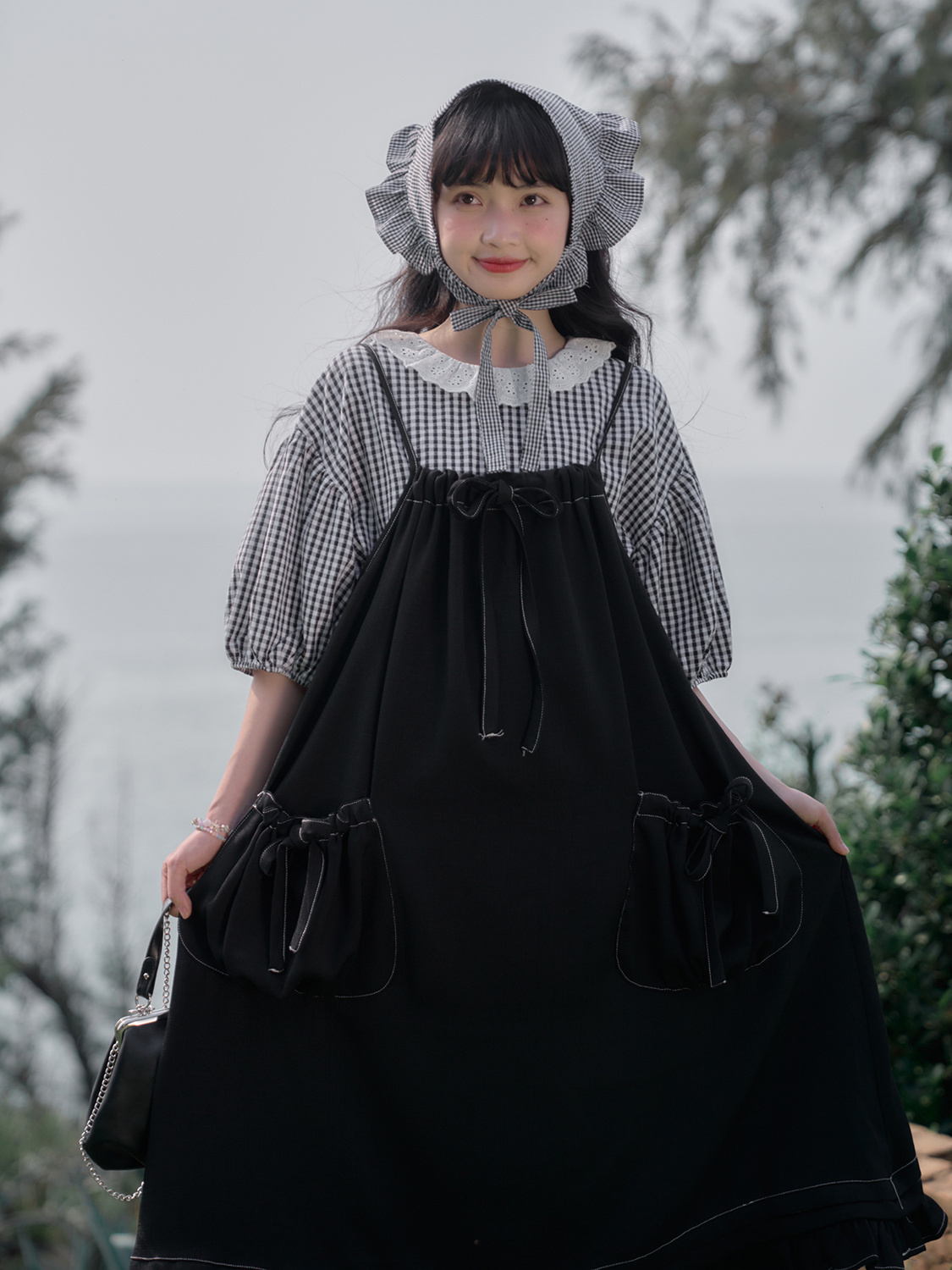 大碼女裝黑白格子花邊襯衫兩件套女吊帶連衣裙寬鬆甜美棉麻背帶裙