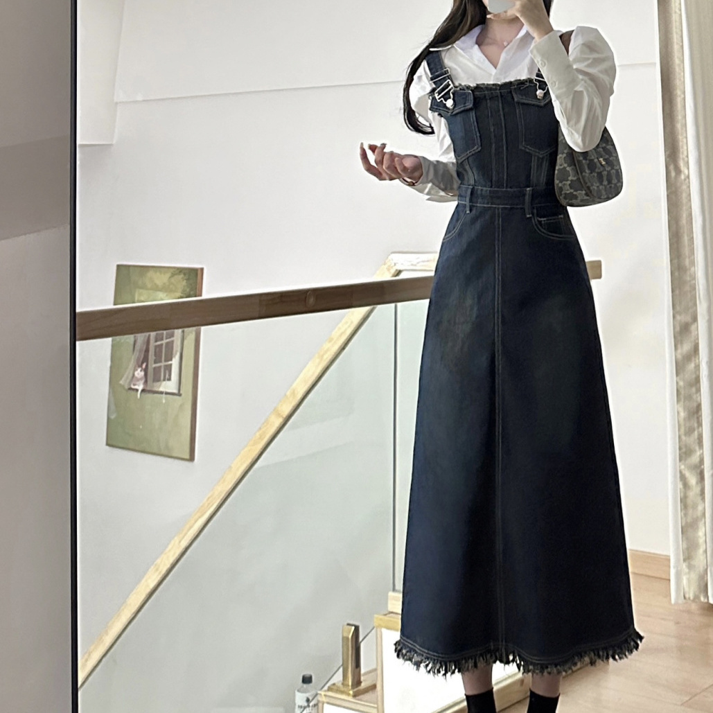 Korean retro denim suspender skirt for female students, sweet and high-end mid-length dress + shirt one-piece suit