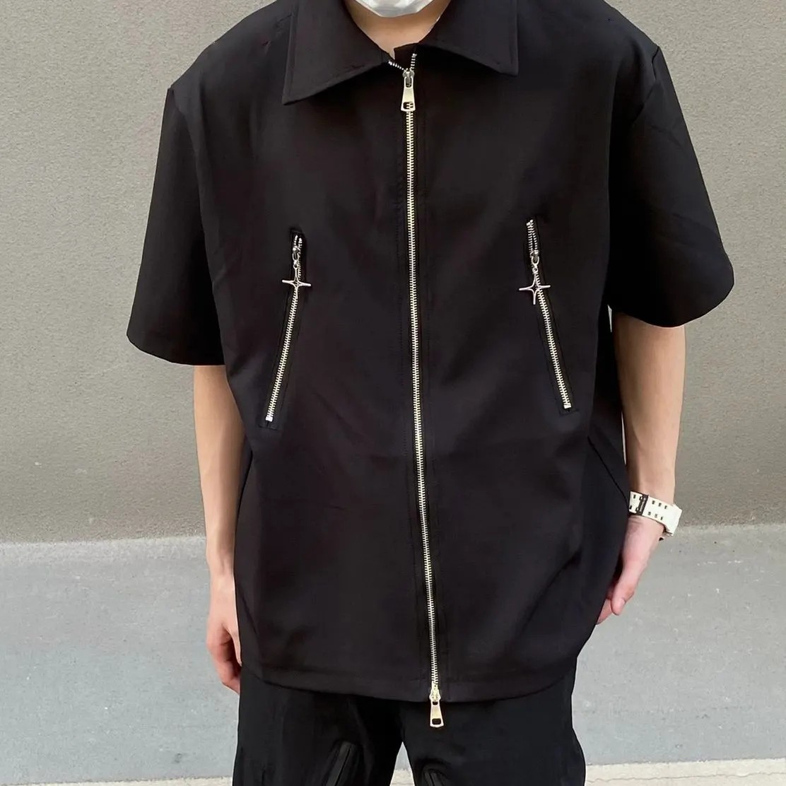 American style high street double zipper short-sleeved shirt men's summer thin section high-quality niche dark tooling shirt jacket