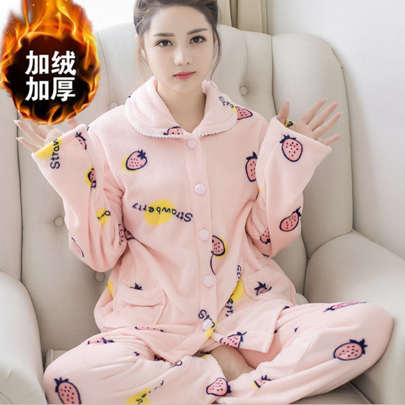Autumn and winter pajamas women's coral velvet thickened warm women's flannel suit plus size home clothes for middle-aged and elderly people
