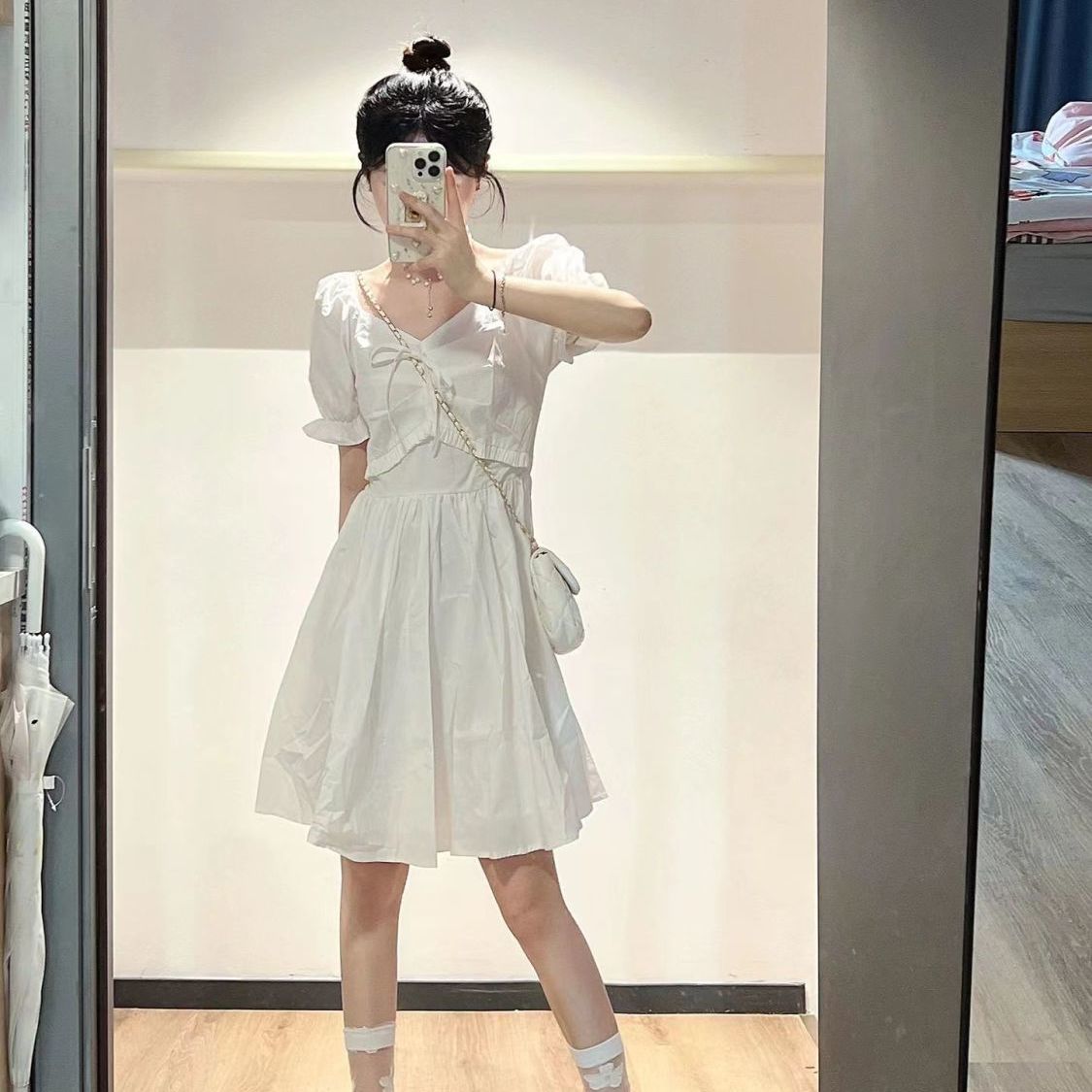 French design puff sleeves square collar white dress female student summer Korean version waist slimming a-line skirt