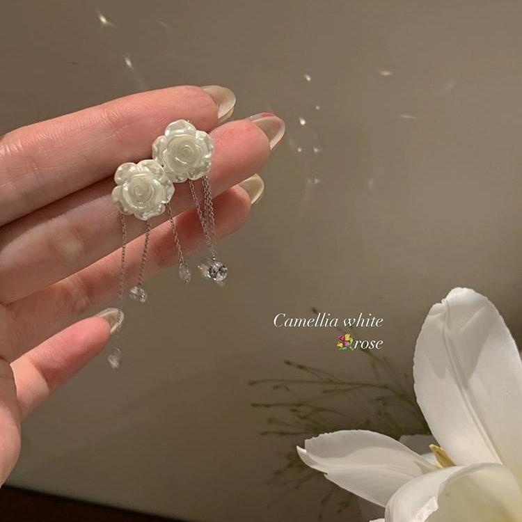 法式山茶花流蘇耳環高級感輕奢奢華小眾設計顯瘦耳飾