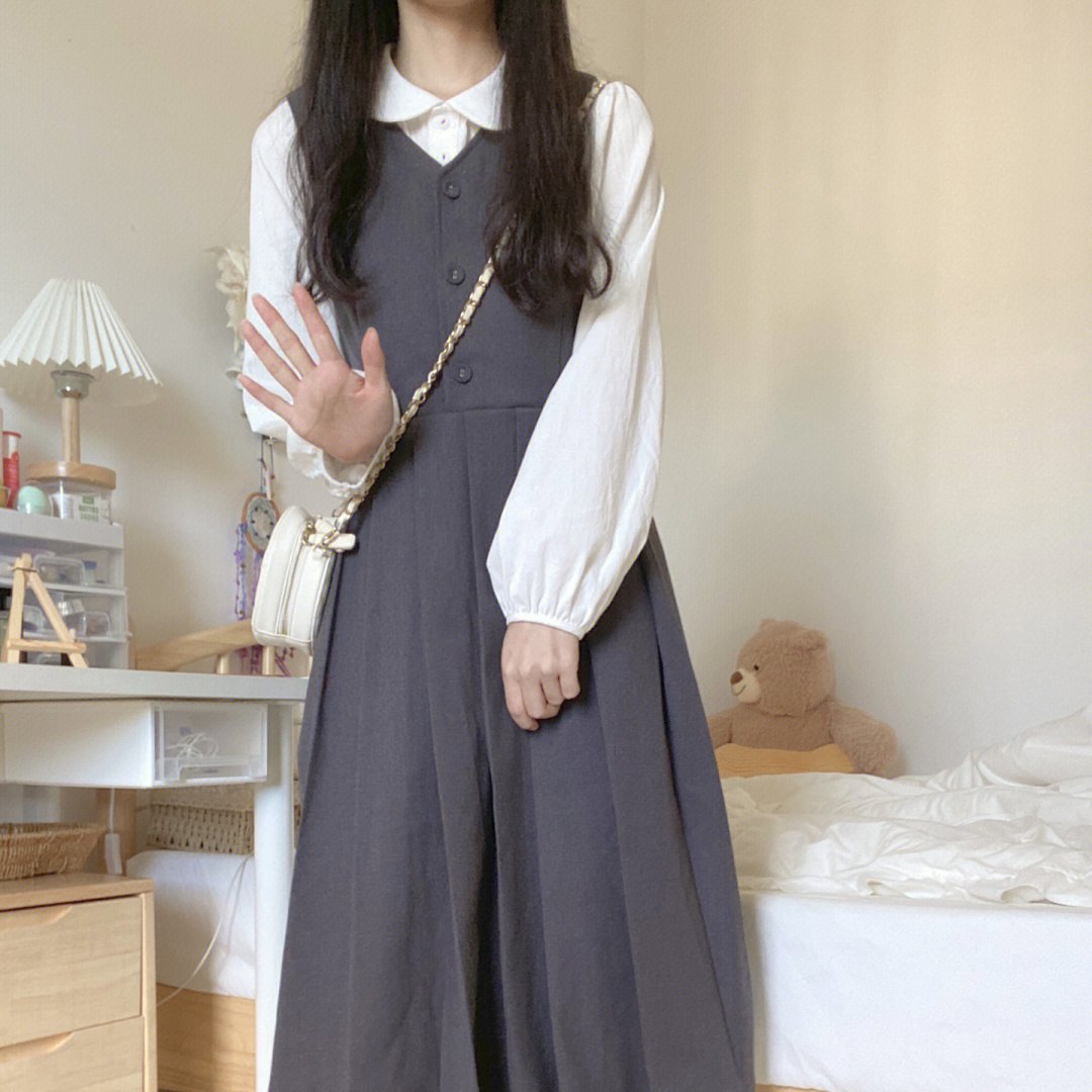French retro preppy mid-length suspender dress + sweet doll collar shirt two-piece suit