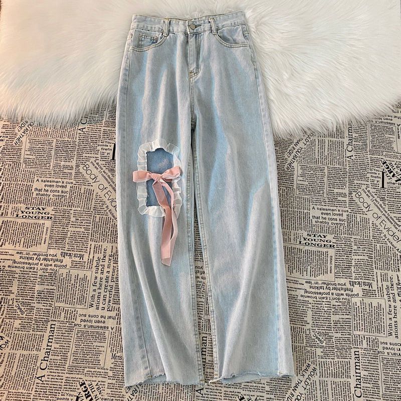 Design sense jeans trousers sweet wind bow tie lace all-match ripped holes high waist straight wide leg pants women