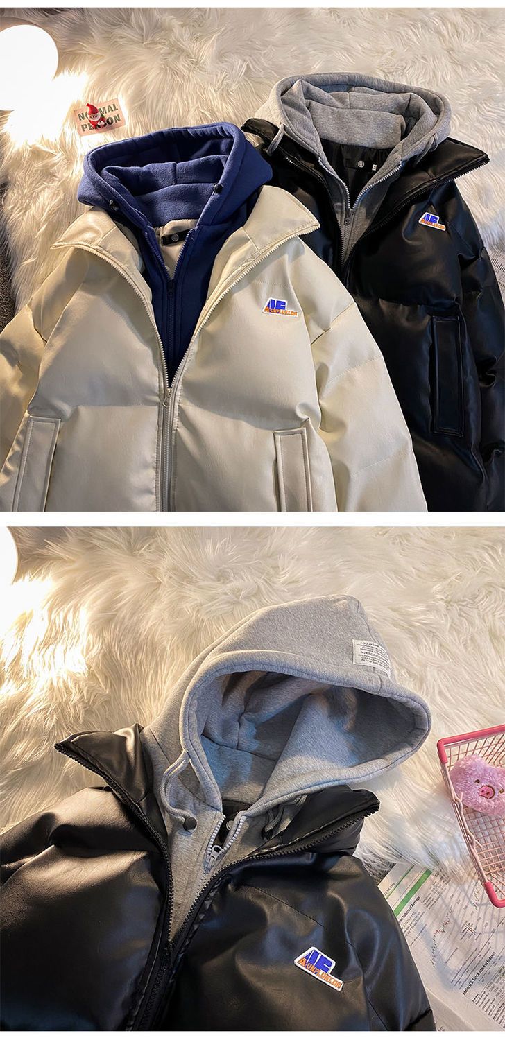 Fake two cotton-padded coats for men pu leather clothing trend autumn and winter cotton-padded coats thickened warm cotton-padded coats for men_voghion.com