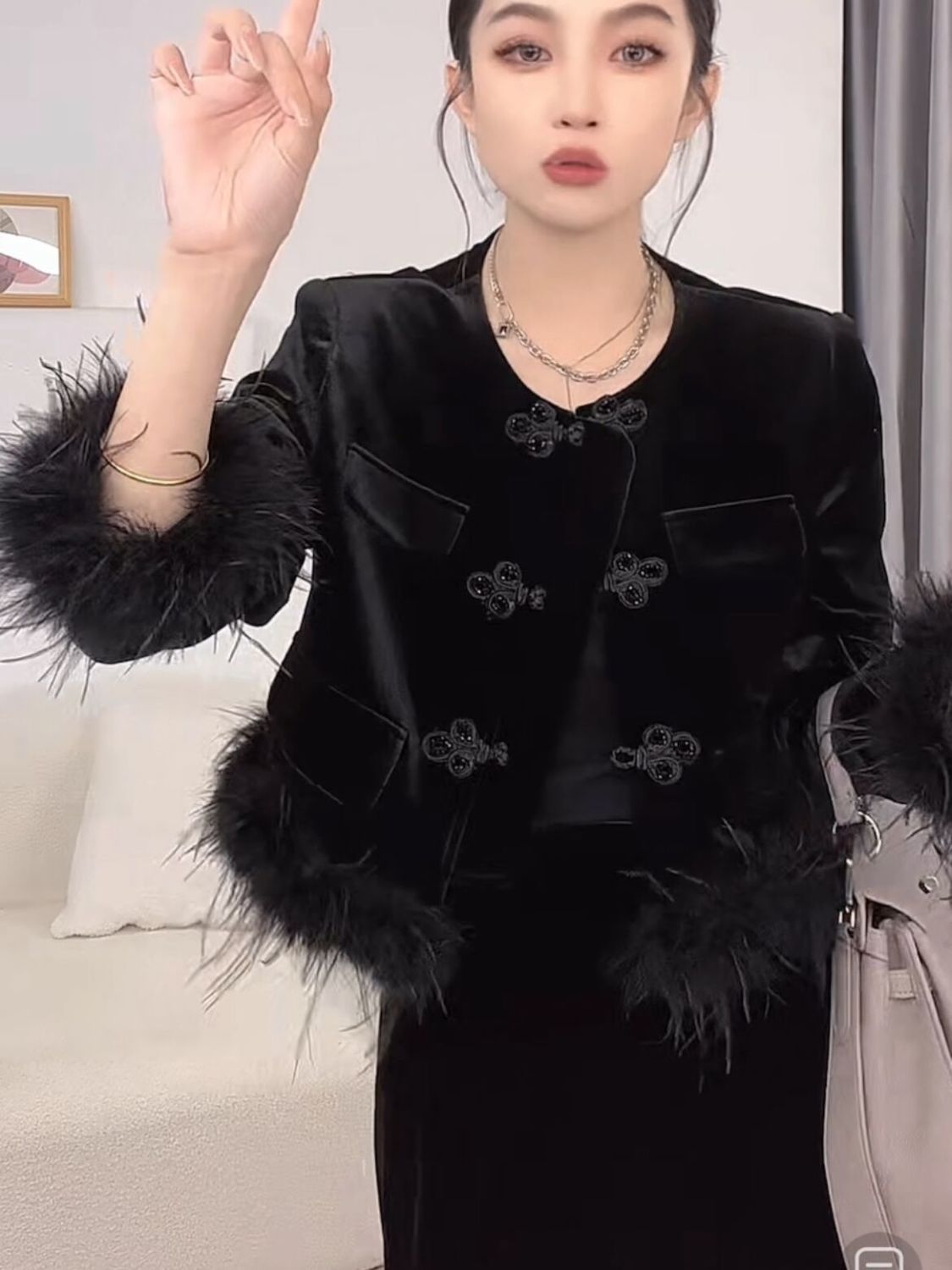 中式國風毛毛拼接外套女秋裝新款設計感重工輕奢百搭時尚短款上衣