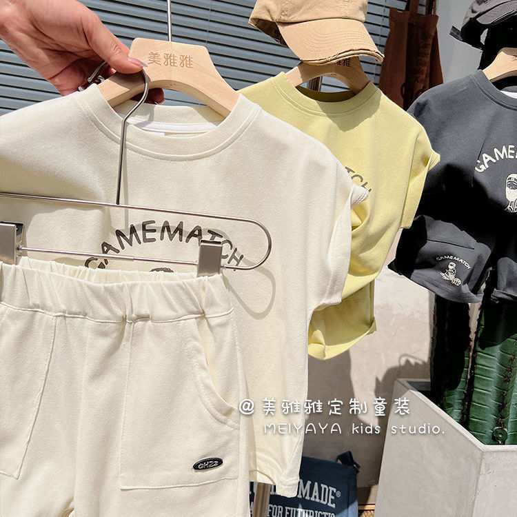 2023 summer Korean children's boys cartoon short-sleeved tops and shorts suit children's baby pure cotton two-piece suit tide