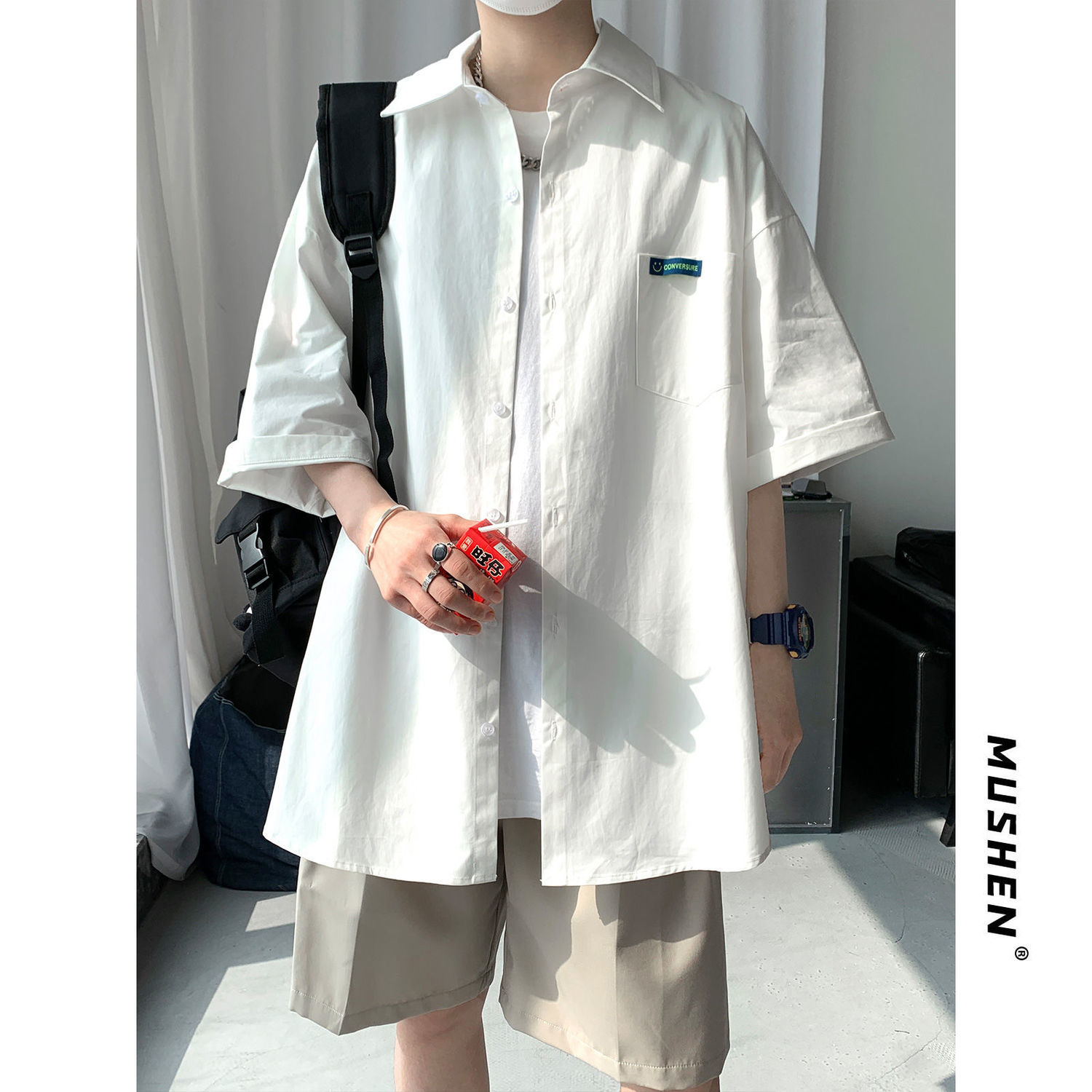 Summer white short-sleeved shirt men's casual trend ins Hong Kong trend brand loose thin section ruffian handsome all-match Japanese
