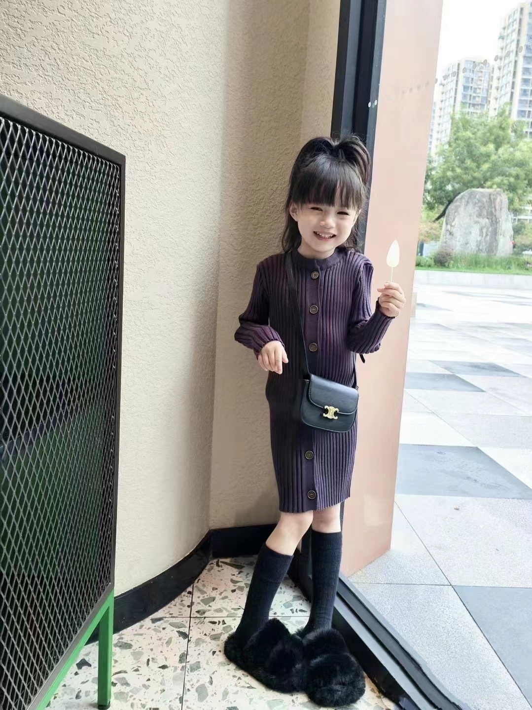 女童韩版时髦针织纯色坑条连衣裙秋装新款儿童毛线直筒裙子