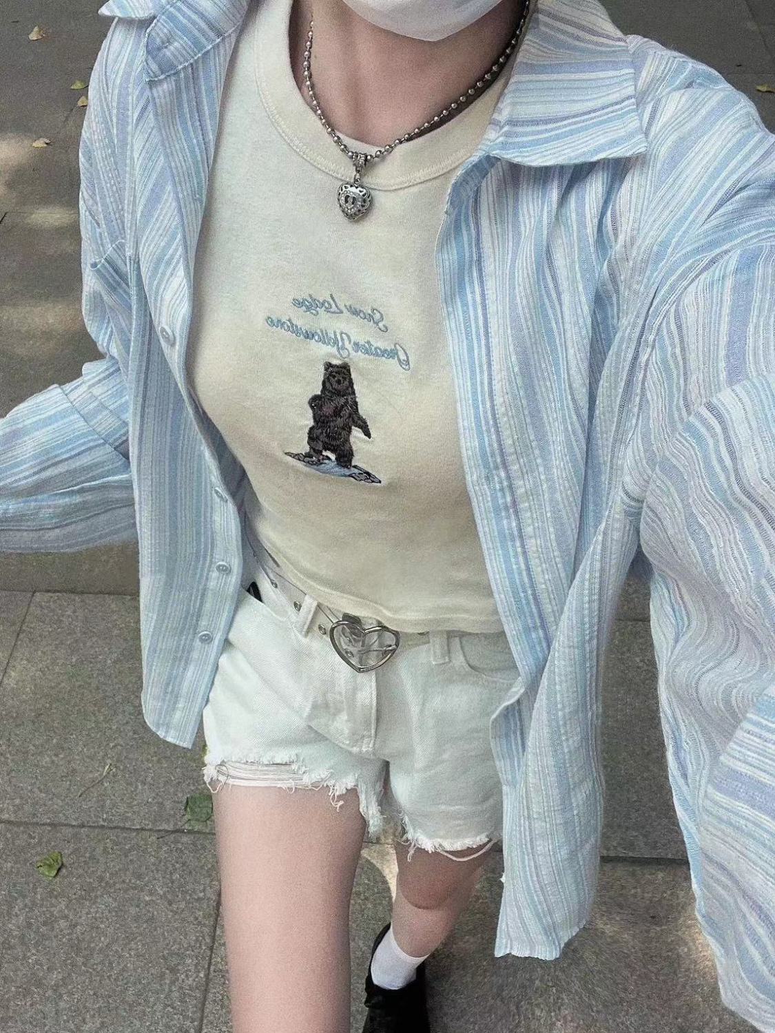 夏季薄外套藍色條紋襯衫外穿女寬鬆慵懶風防紫外線襯衣防曬開衫潮