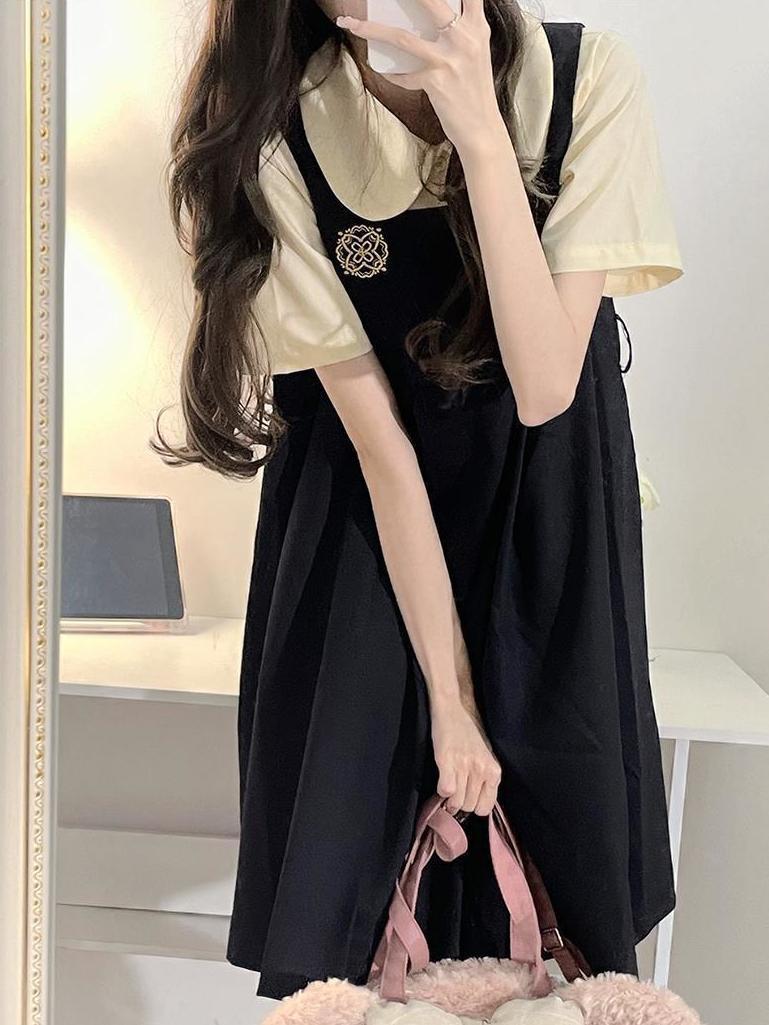 Two-piece suit preppy style summer sweet JK embroidery pleated suspender dress female student + all-match shirt