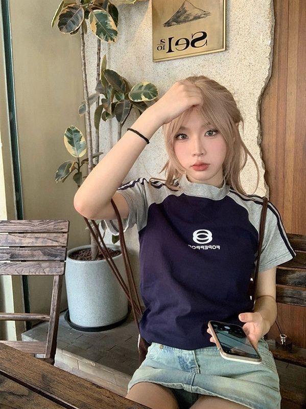 American retro hot girl front shoulder short-sleeved t-shirt women's summer contrast color raglan sleeve elastic slim short top