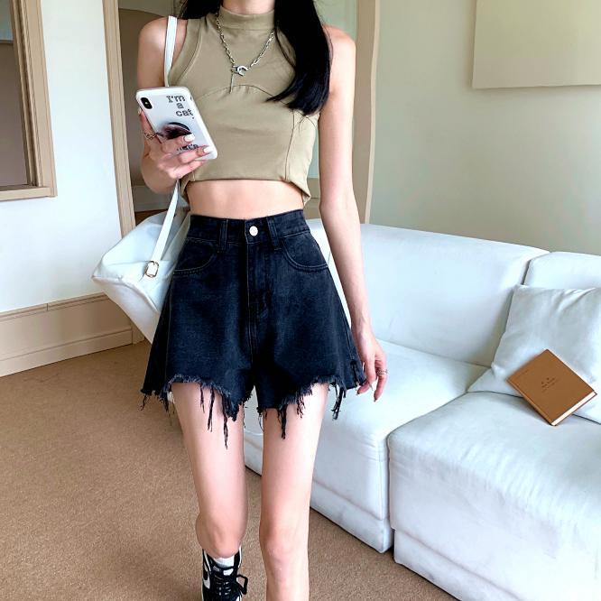 小眾學生闊腿褲高腰a字短褲女2023夏季新款設計感黑色牛仔熱褲潮
