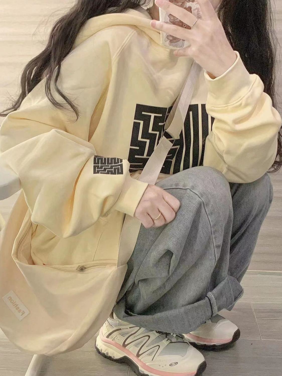 2023春秋款淡黃色套頭連帽衛衣女日系甜美寬鬆休閒顯瘦長袖上衣服