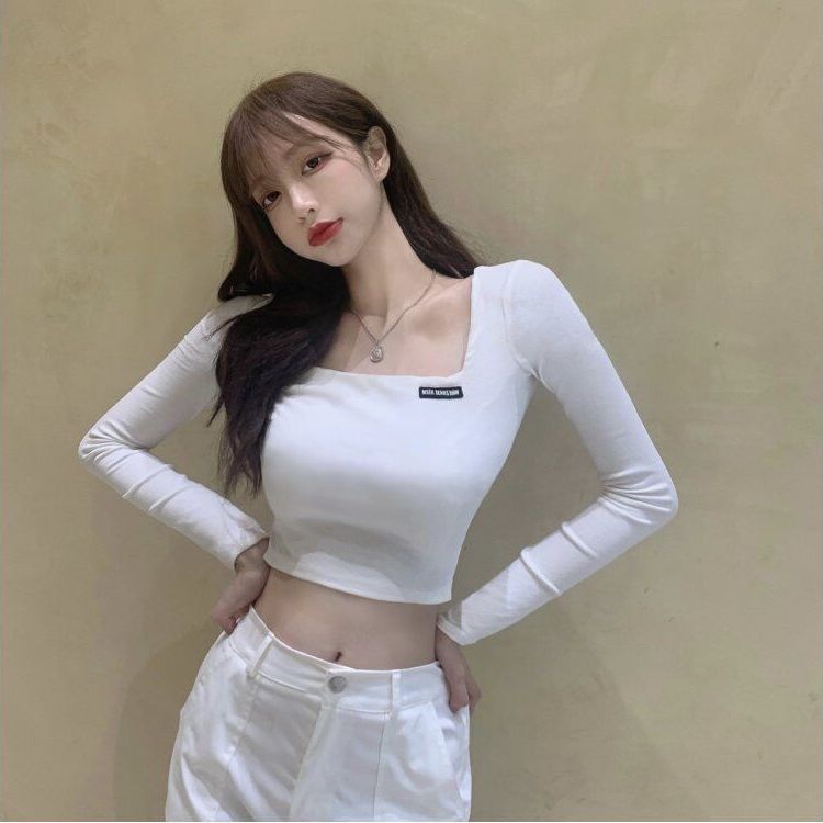 Early spring square collar exposed clavicle top women's design sense short section exposed navel long-sleeved t-shirt autumn and winter tight inner bottoming shirt