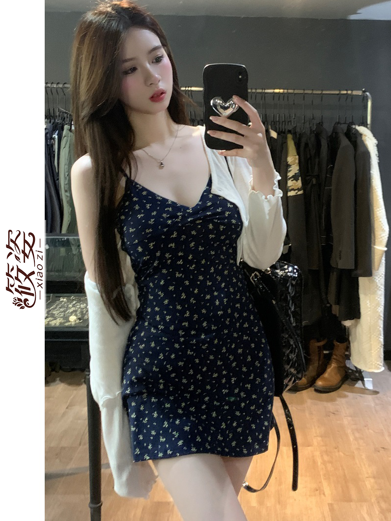 筱姿法式辣妹套裝女裝碎花吊帶連衣裙開衫外套上衣氣質復古兩件套
