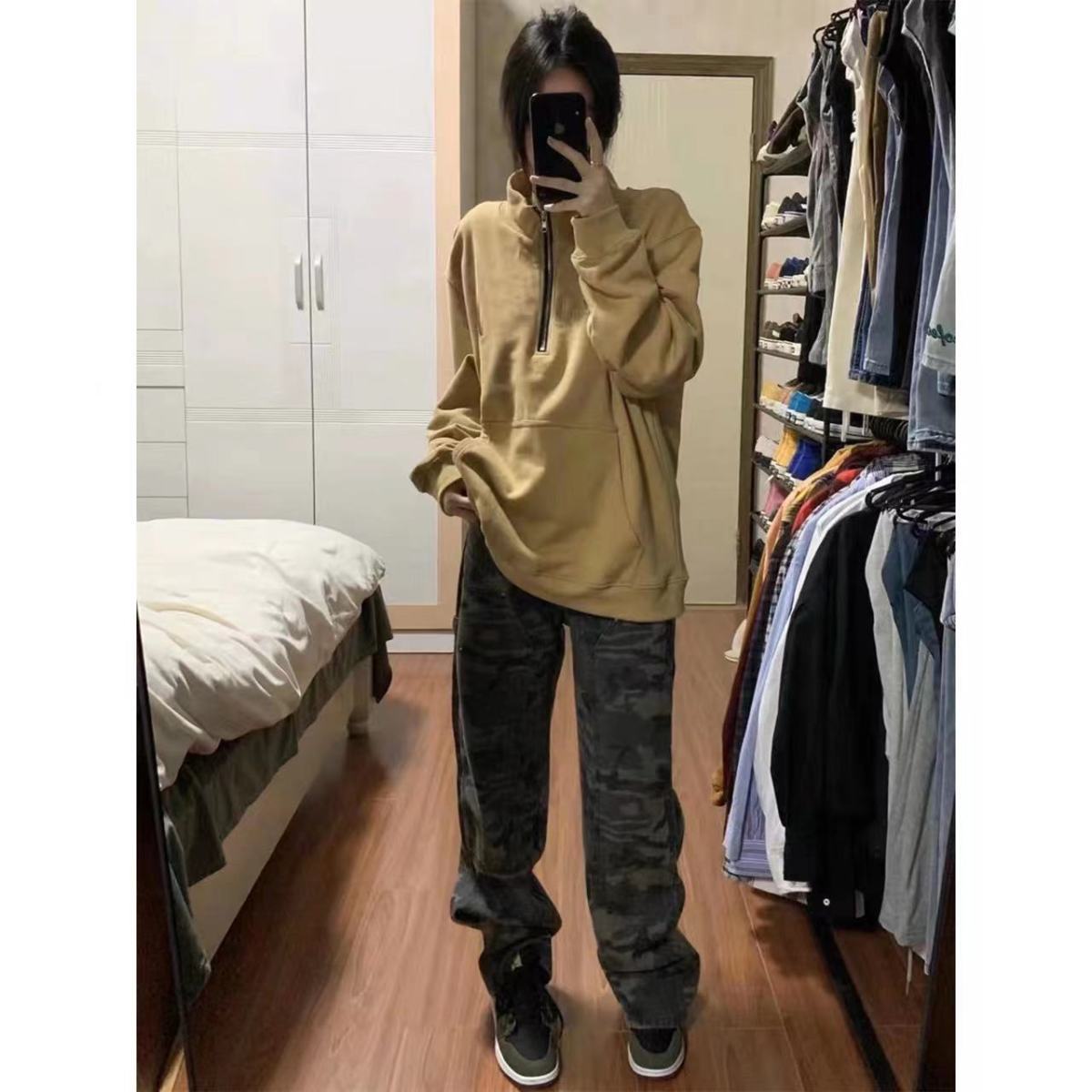 爵士迷彩牛仔褲女辣妹直筒拖地長褲百搭美式潮流工裝高腰做舊高街