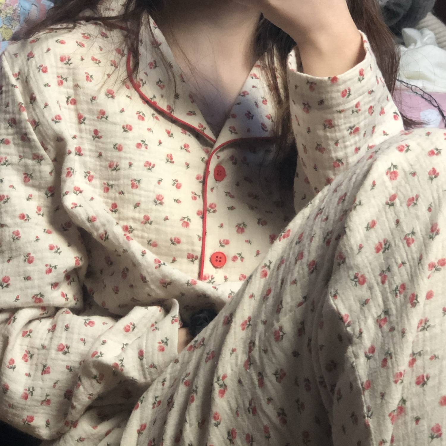 日系ins嬰兒紗布睡衣女秋冬甜美簡約高檔碎花春季學生家居服套裝