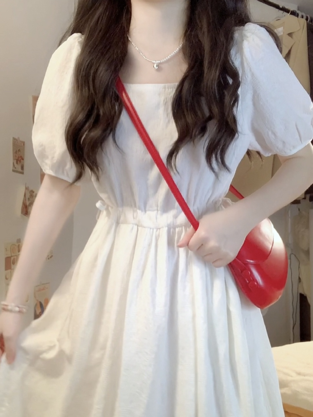 Sweet preppy style drawstring first love little white skirt Korean version super fairy slim puff sleeves square neck dress female students