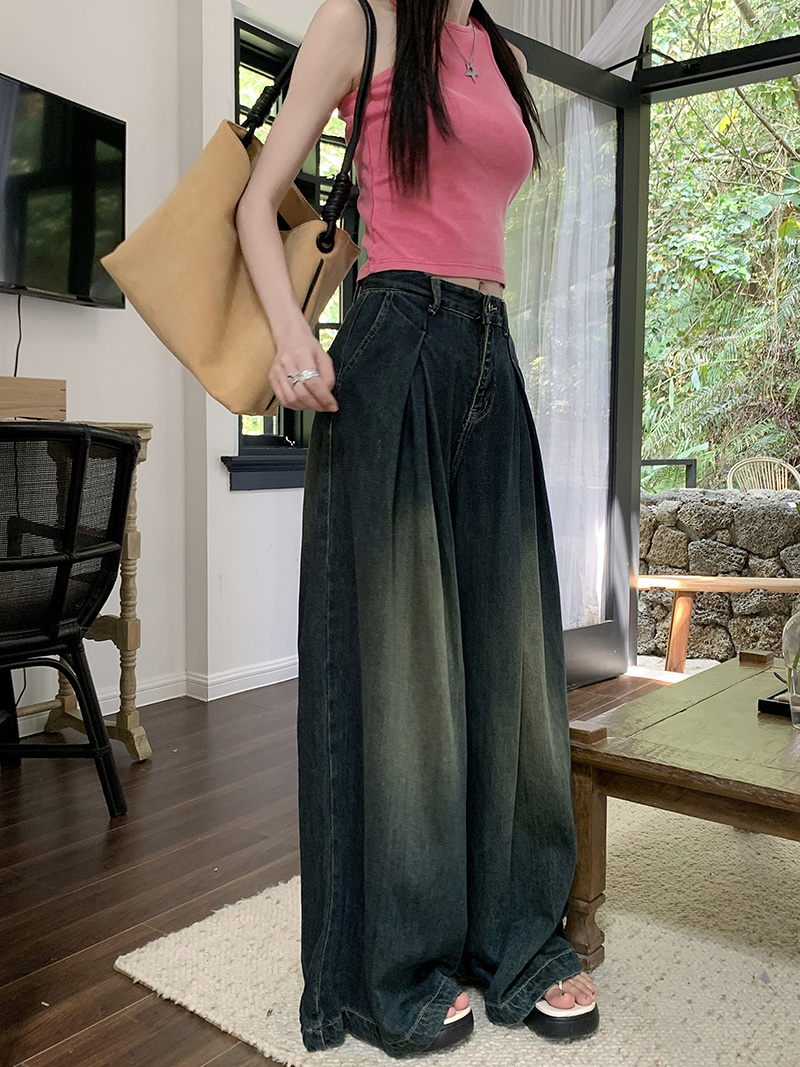 復古設計感寬鬆闊腿牛仔褲女夏高腰顯瘦直筒垂感拖地褲美式老爹褲