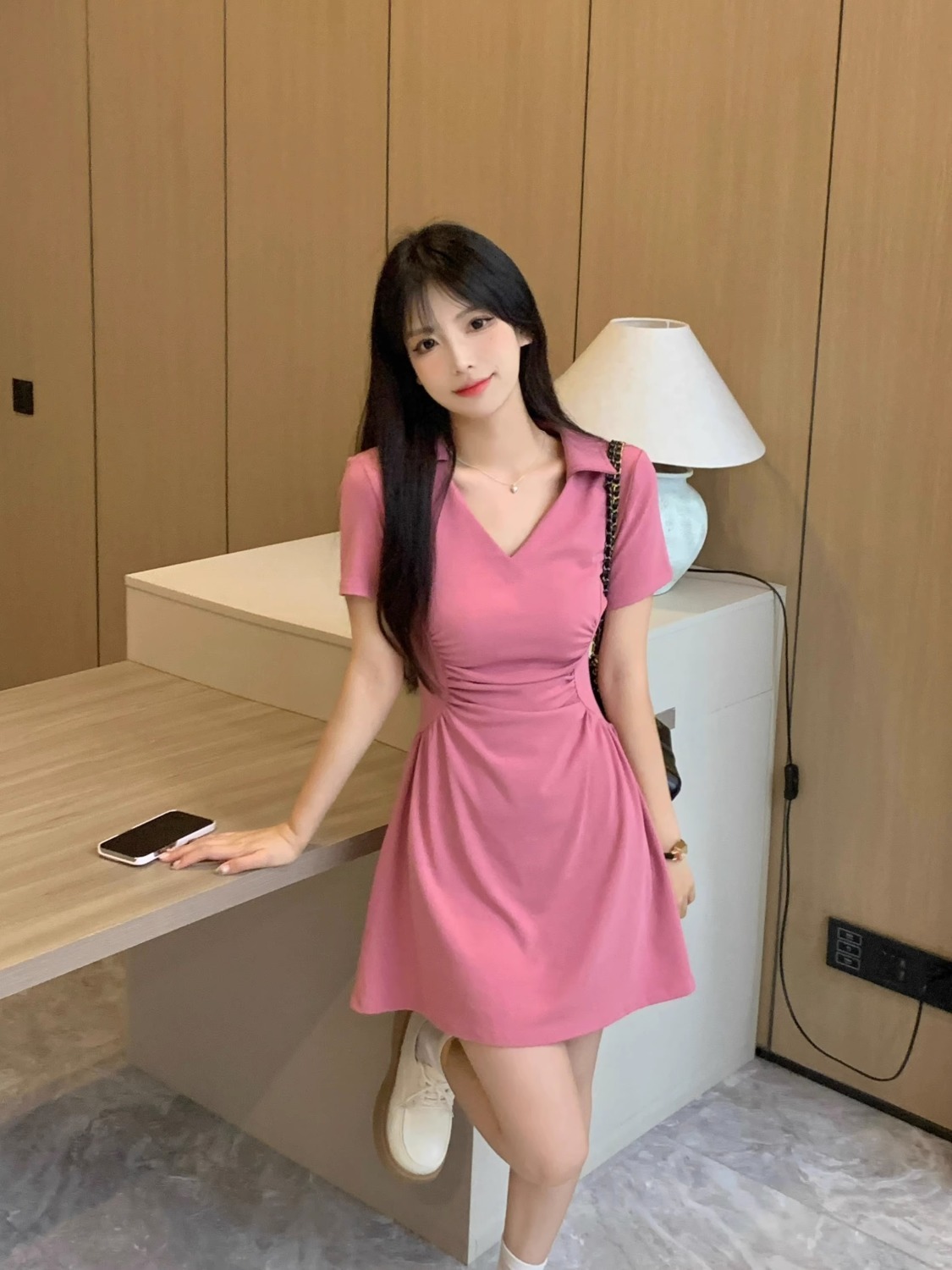 French polo collar dress women's summer fat mm large size pleated waist temperament short-sleeved a-line skirt 2-300 catties
