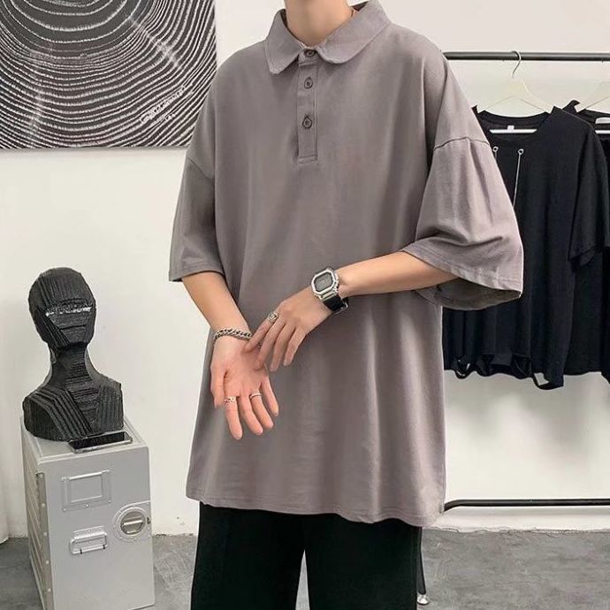 Solid color polo shirt short-sleeved men's summer loose tide brand Hong Kong style five-point sleeve t-shirt ins all-match student half-sleeved top