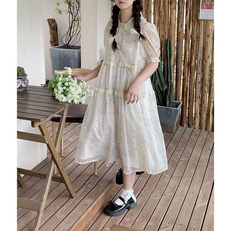 Fresh small flower print dress female summer  new puff sleeve doll collar wood ear stitching floral skirt