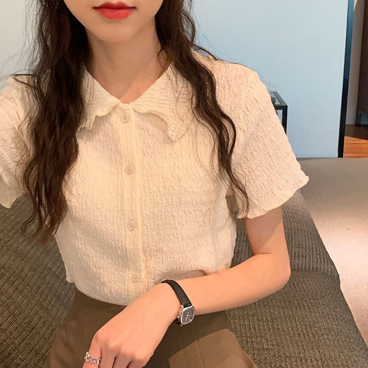 YOUDUOLIN 2022夏季冰丝韩版甜美减龄polo领上衣皱感短袖T恤女