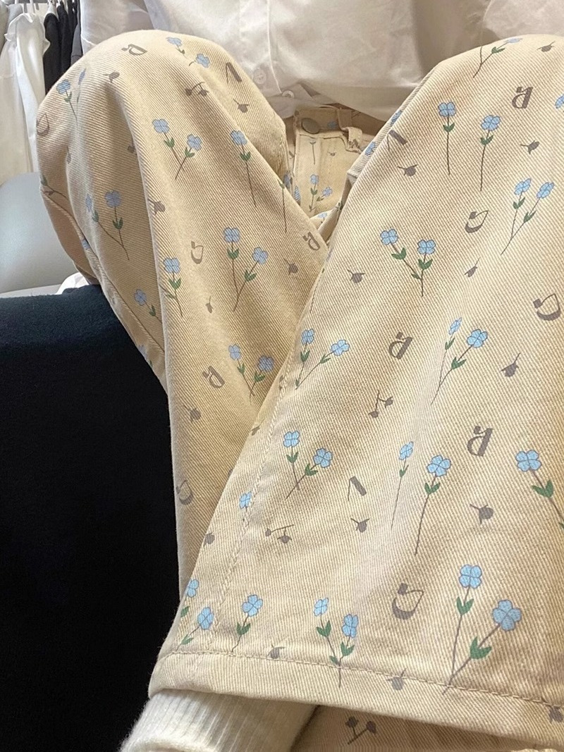 港風復古chic碎花直筒牛仔褲女夏季新款高腰設計感小眾闊腿休閒褲