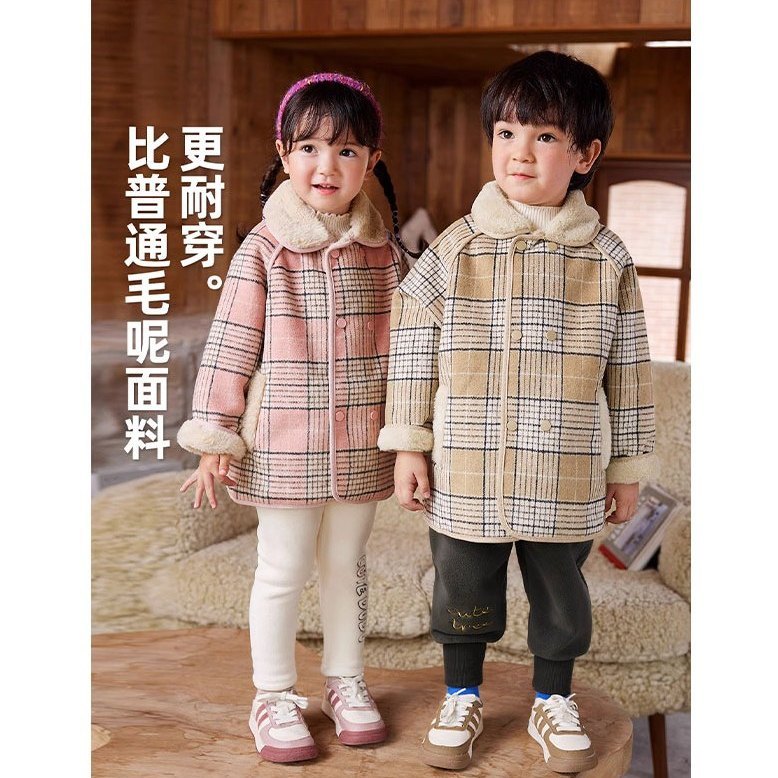女童时髦格子外套洋气新款男童秋冬儿童韩版宝宝加绒机车上衣