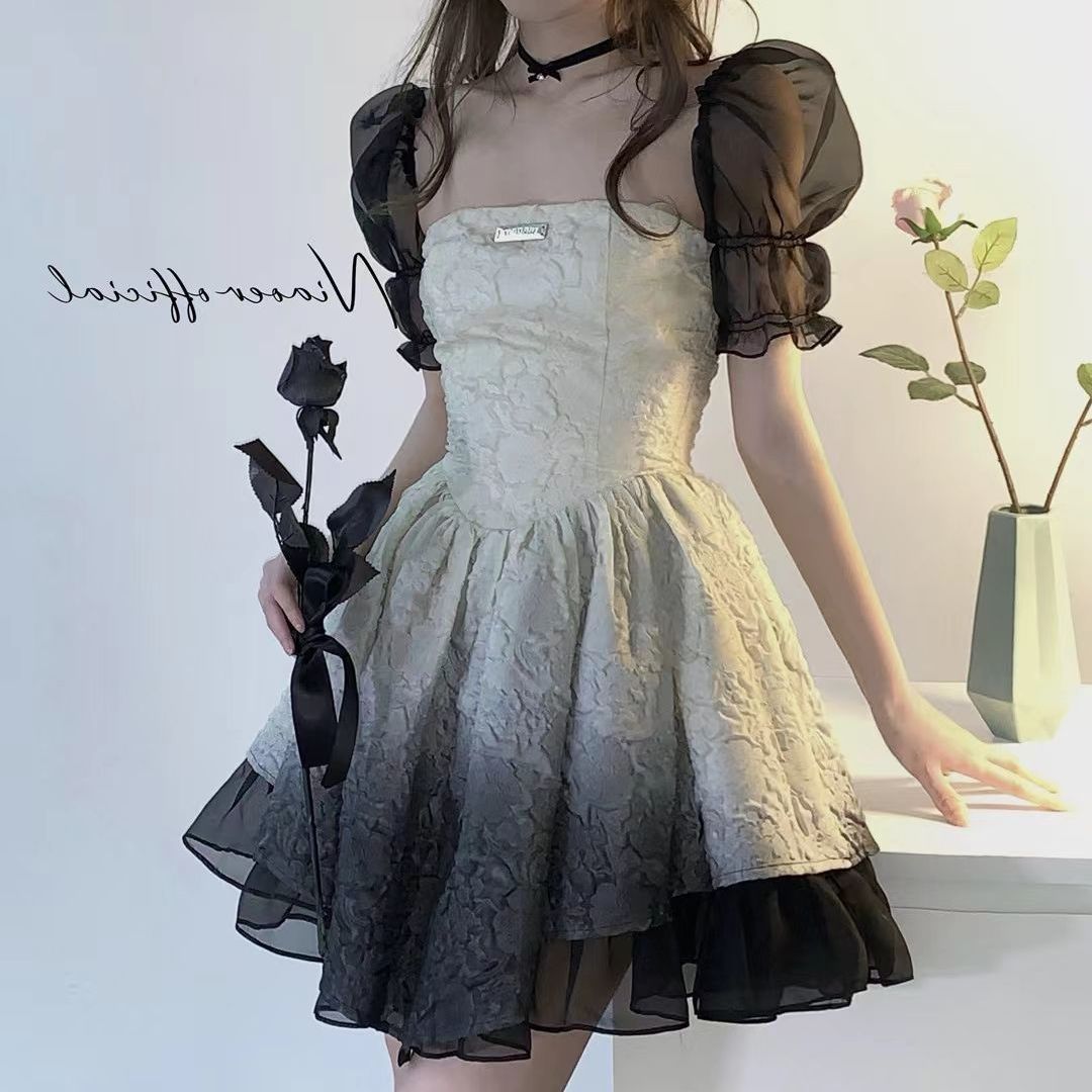 French-style small sweet and spicy square neck puff sleeves gradient black dress women's high-end sense cake skirt tea break skirt