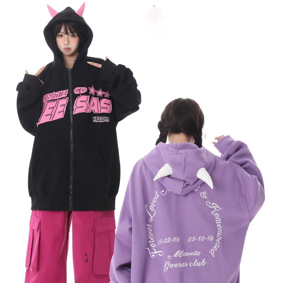 美式復古高街字母貼布小惡魔牛角開衫衛衣女秋季潮牌情侶開衫外套