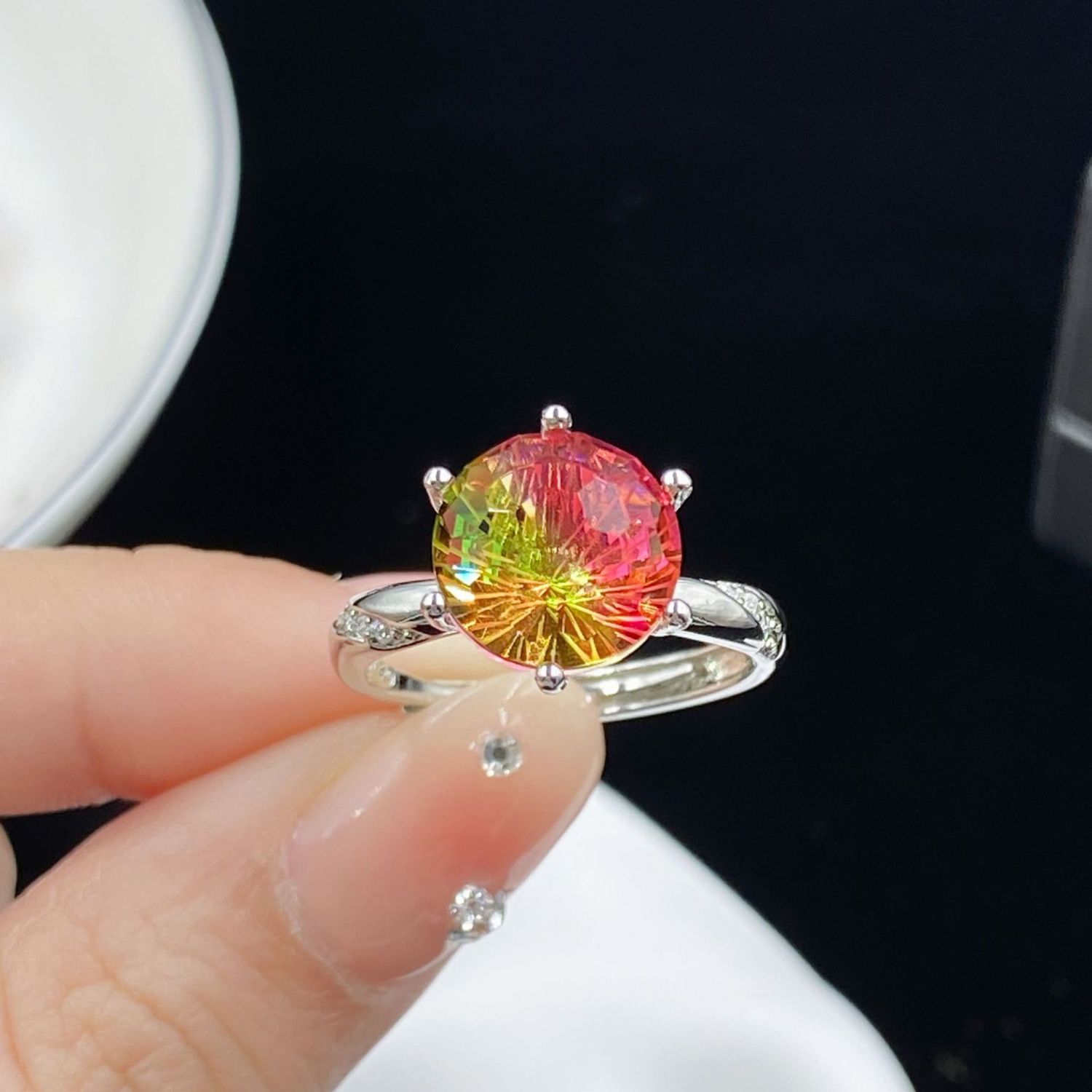 Bague tendance en argent S925, ornée d'une tourmaline colorée en forme de pastèque, inspirée des célébrités d'Internet. Cadeau idéal pour femme._voghion.com