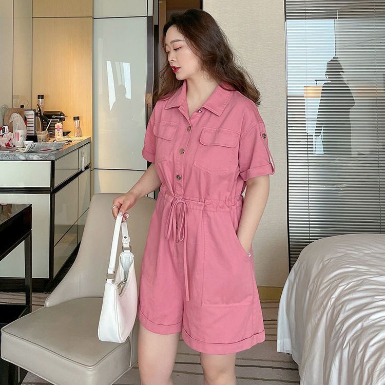 Korean version of net red summer new large size women's clothing 200 catties fat MM waist slimming solid color overalls jumpsuit suit