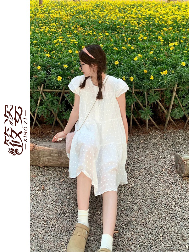 Xiaozi French Jacquard Small Flying Sleeve Cute Dress Female Gentle Wind Loose Slim Age Reducing Doll Dress 2023 New