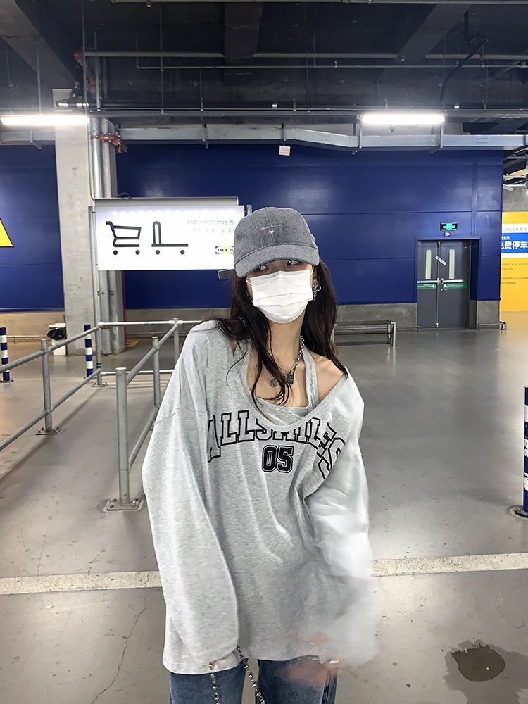 辣妹甜酷长袖t恤女挂脖吊带背心叠穿两件套hiphop卫衣薄款ins上衣