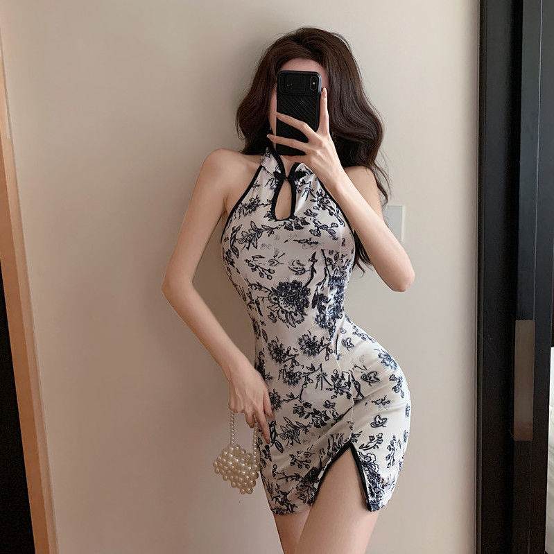 Improved version of the girl's cheongsam republic of China style lady sexy off-shoulder elegant cheongsam style slit short dress female