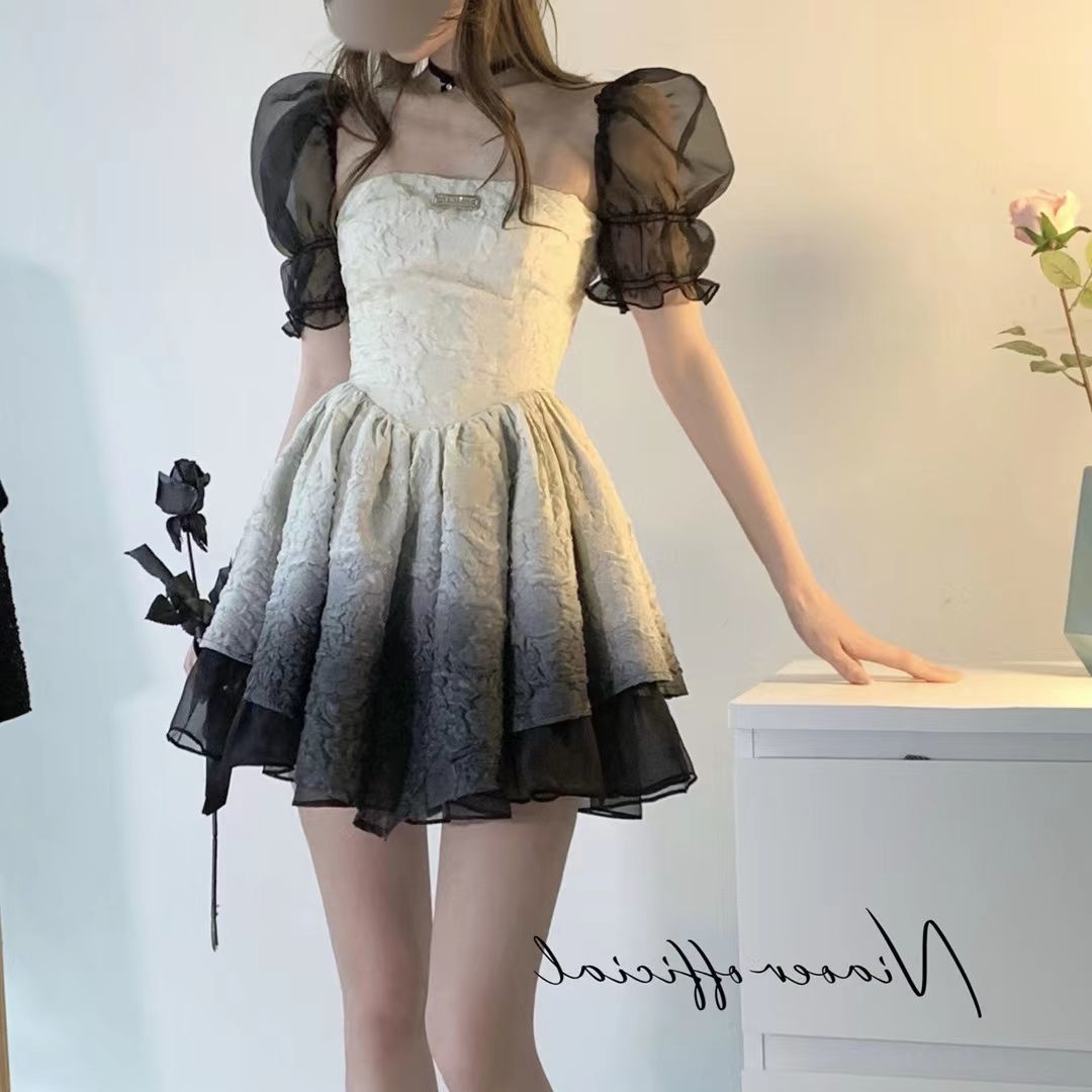 French-style small sweet and spicy square neck puff sleeves gradient black dress women's high-end sense cake skirt tea break skirt
