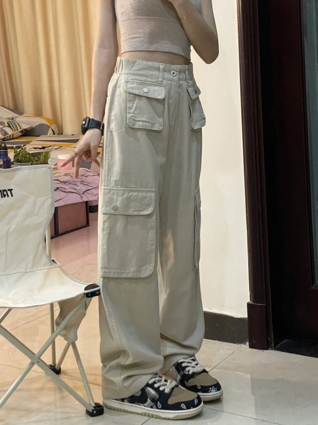 European and American high street American overalls women's loose straight tube thin casual pants high waist autumn and winter new wide-leg trousers