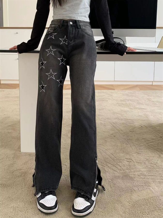美式高街直筒牛仔褲女秋季高腰星星刺繡小眾設計感開叉顯瘦闊腿褲