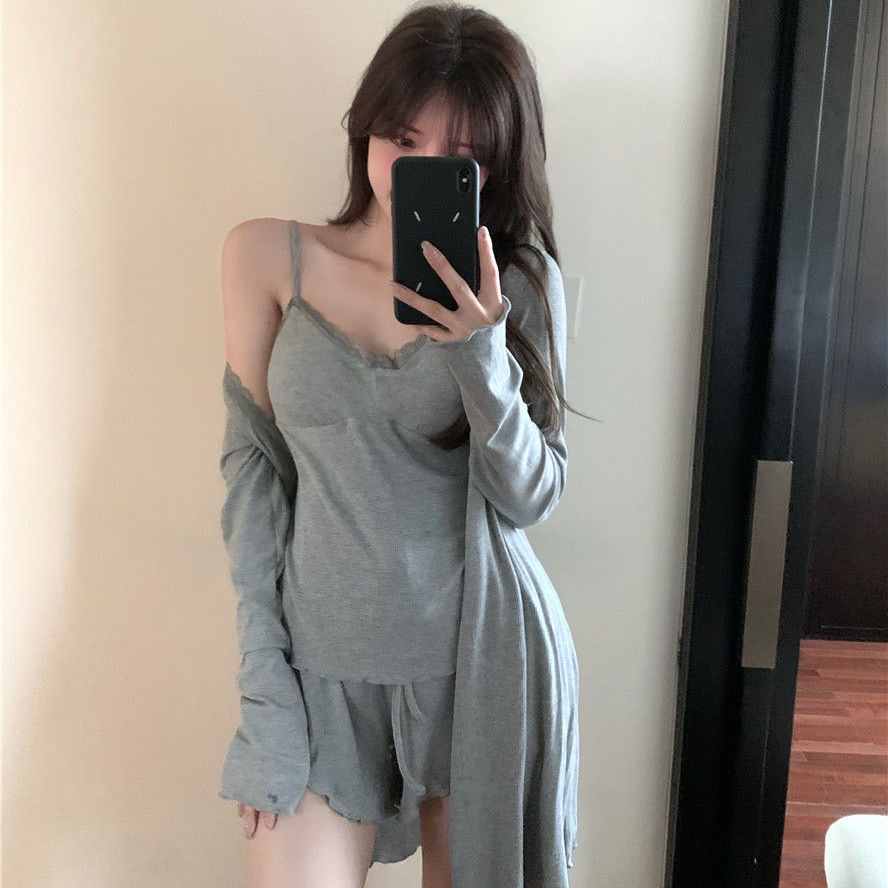 Pajamas set with chest pad women's summer Korean fashion thin section pure desire style sexy vest casual shorts three-piece set