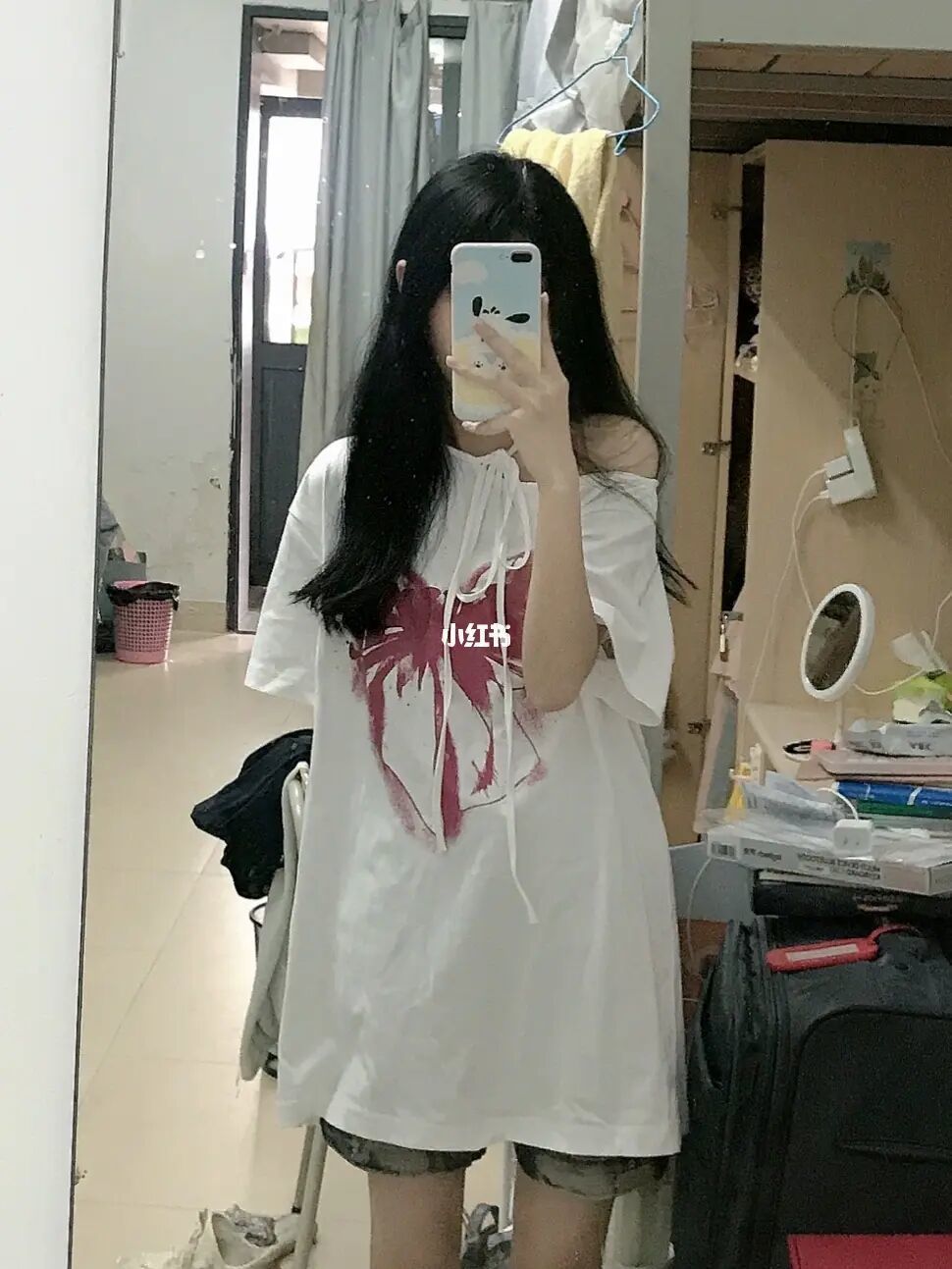 不規則純欲風美式蝴蝶結印花設計感小眾一字露肩辣妹短袖上衣女
