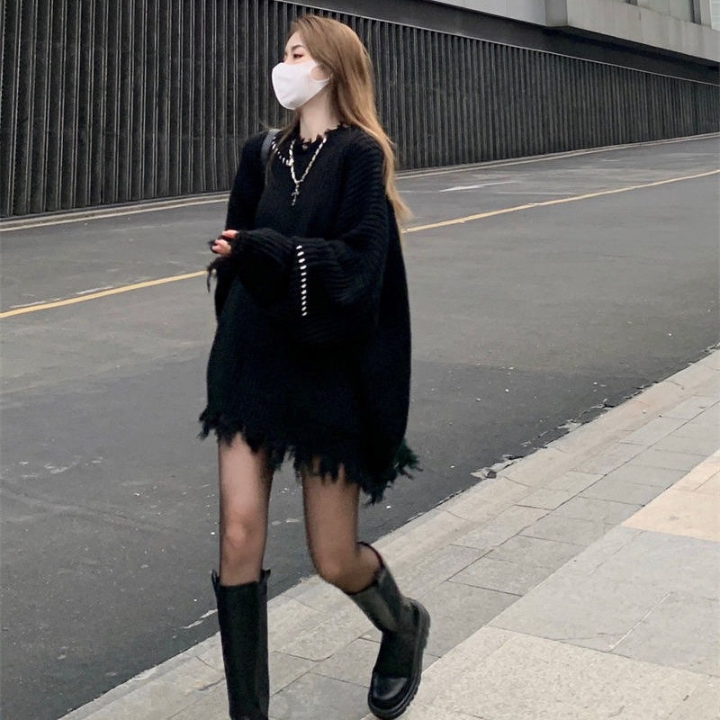 韓系針織衫上衣女冬季新款破洞個性設計甜酷風小個子中長款毛衣潮