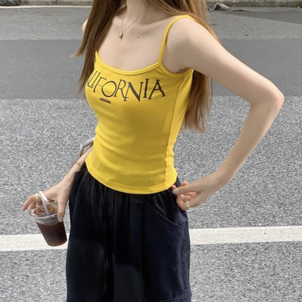 甜辣外穿小背心上衣女裝夏季新款設計感字母印花修身黃色短款吊帶