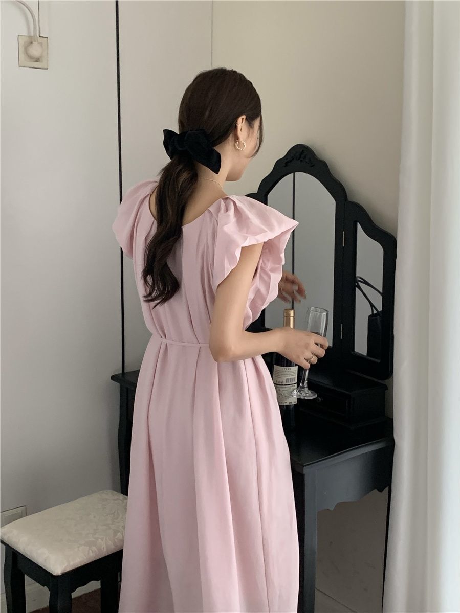 French lazy pink dress women's summer  new tie-up high waist thin skirt a-line mid-length skirt