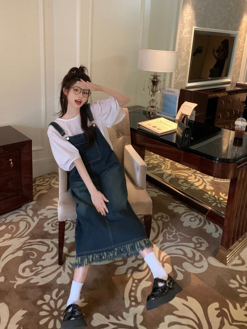 兩件套裝清新減齡小個子超仙穿搭新款牛仔背帶裙子連衣裙疊穿T恤
